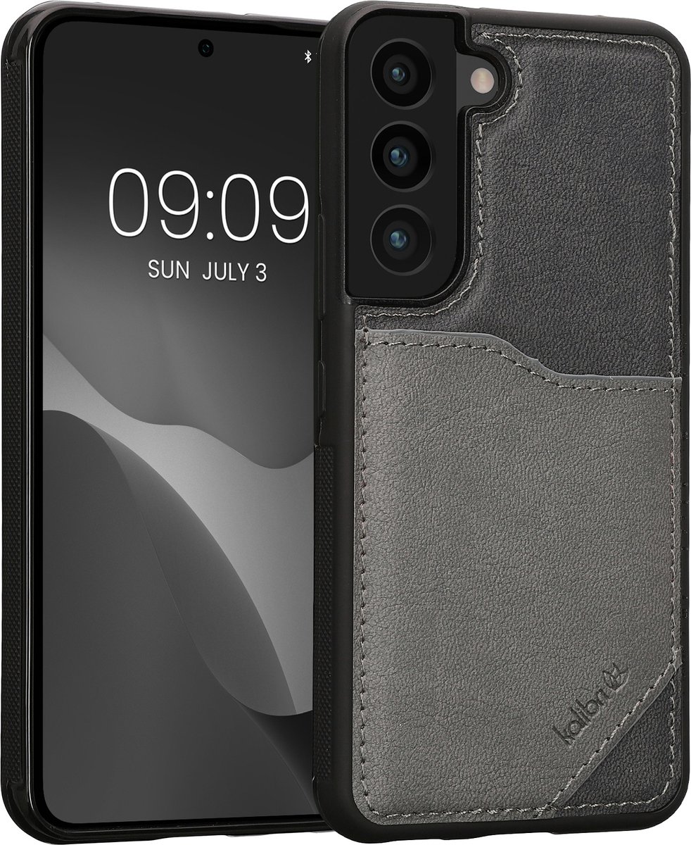 kalibri telefoonhoesje compatibel met Samsung Galaxy S22 - Back cover synthetisch leer met pashouder - In grijs / lichtgrijs