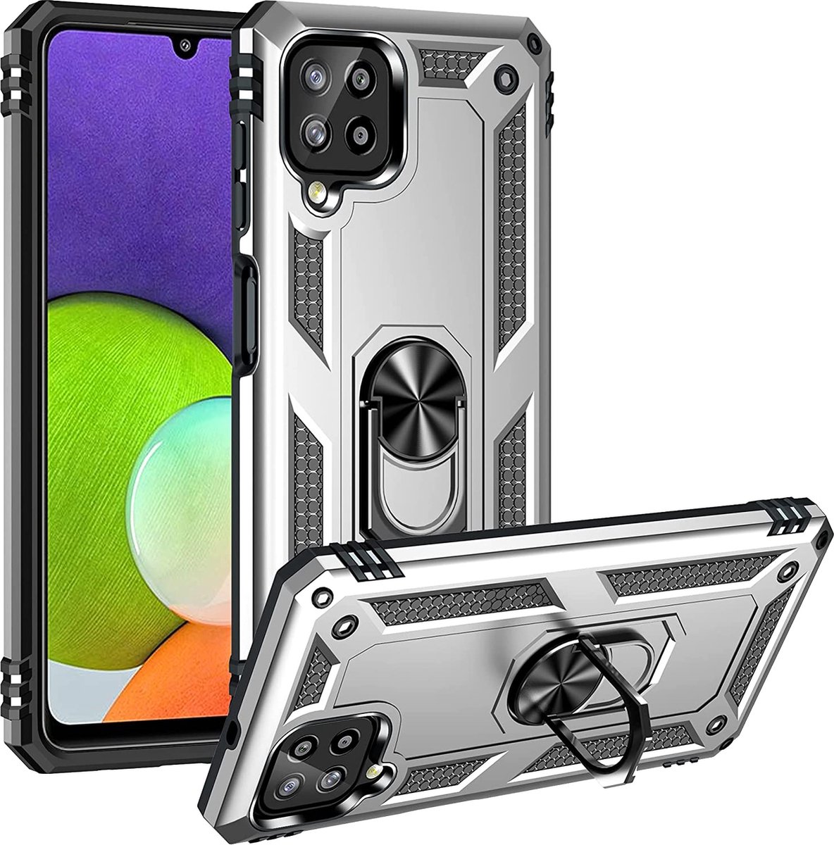 Anti-Shock Hybrid Ring Armor Hoesje Geschikt voor: Samsung Galaxy A22 4G - zilver