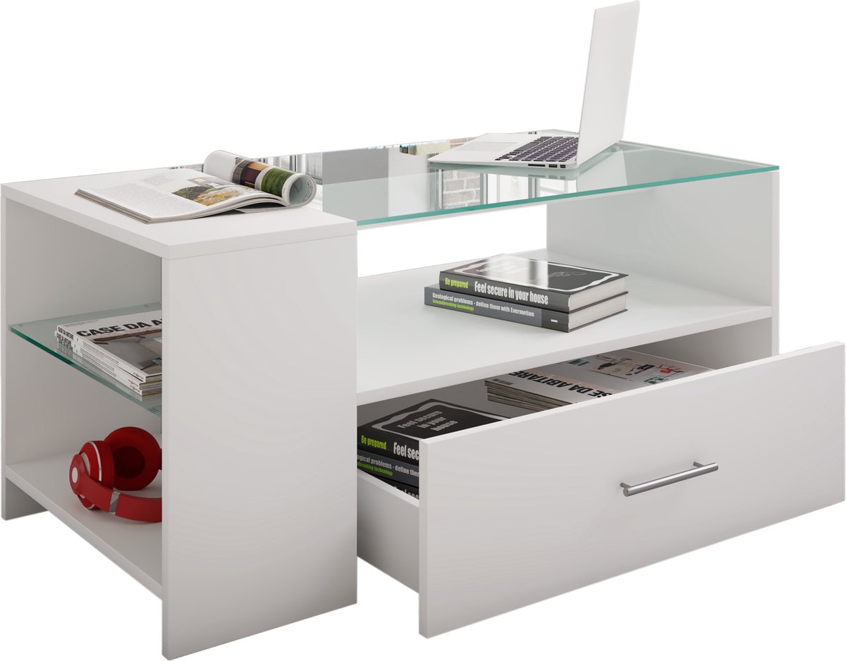 Tindala salontafel met glazen blad, 1 lade, 3 plankenwit.