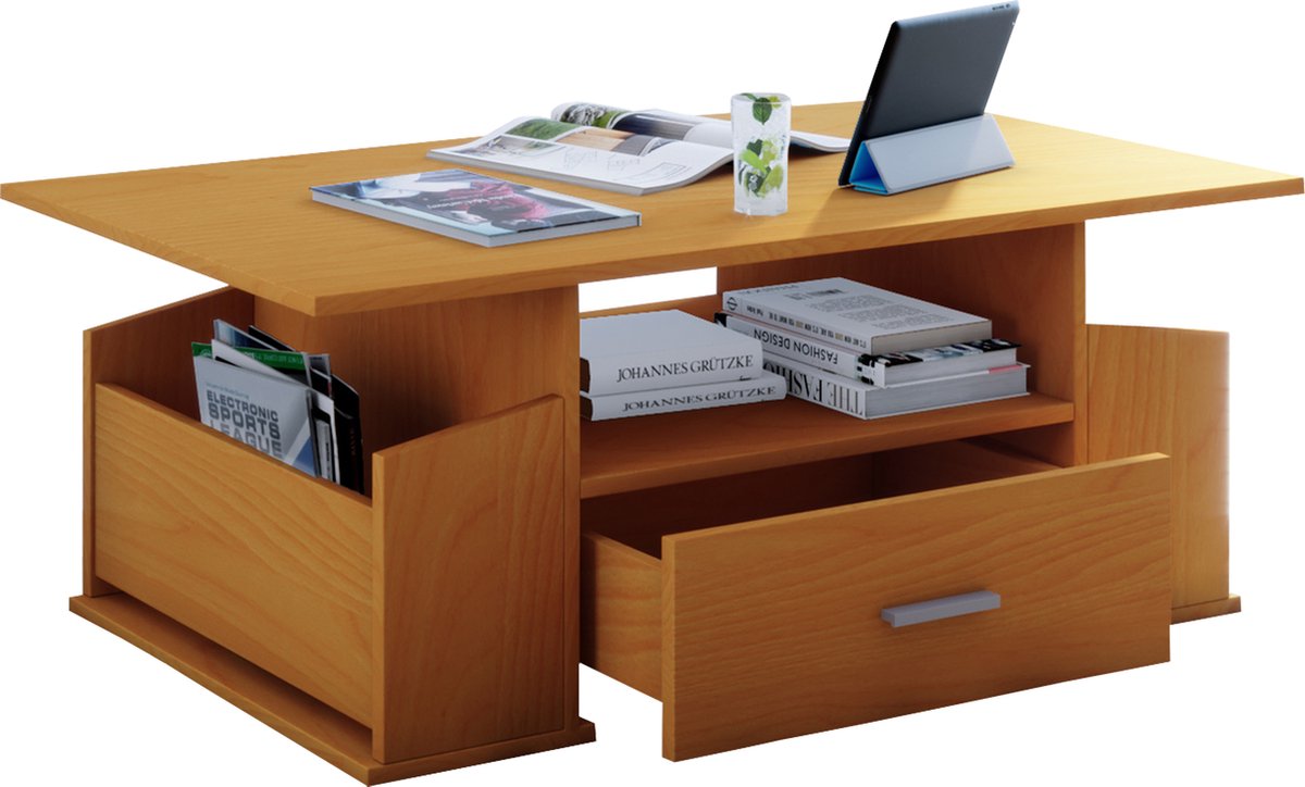 Vcm Houten bijzettafel Salontafel Sofa-tafel Woonkamertafel Lade Junata beuken