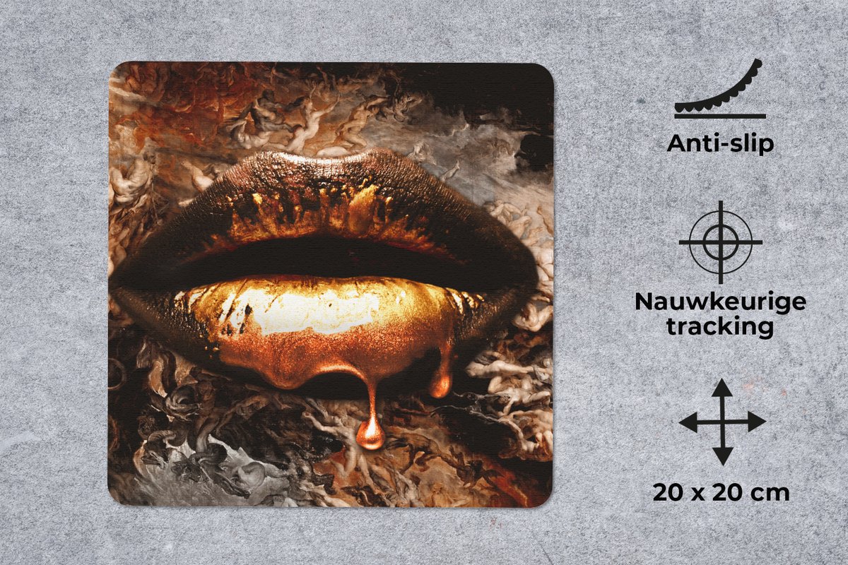 Muismat 20x20 cm - Mousepad Goud - Lippen - Kunst - Goud - Luxe - Abstract - Muismatten