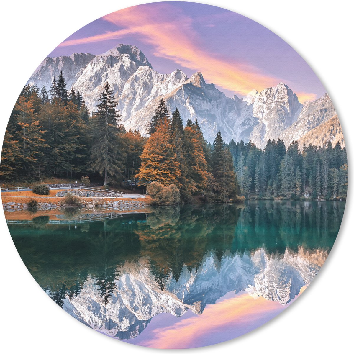 Muismat rond 20x20 cm - Mousepad Bergen - Bos - Water - Lucht - Roze - Paars - Ronde muismatten