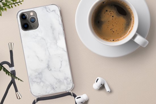 Coque avec cordon iPhone 11 Pro - Marbre - Wit - Grijs - Luxe - Aspect marbre - Pierre - Siliconen - Bandoulière - Coque arrière avec cordon - Coque pour téléphone avec cordon - Coque avec corde