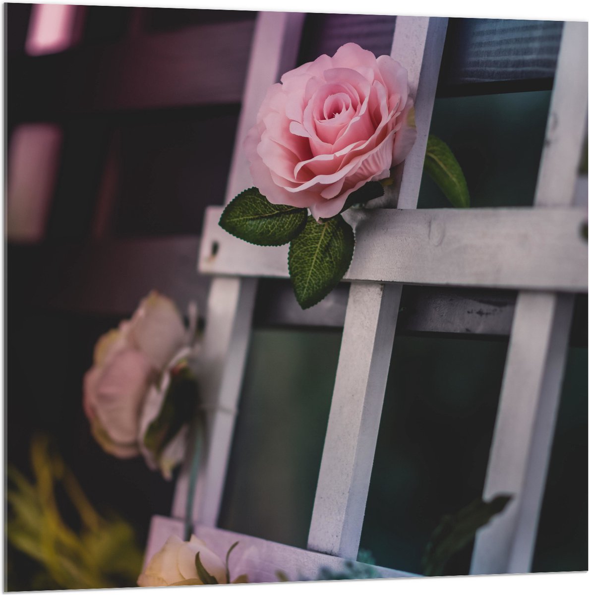 Acrylglas - Hekje met Kunstbloemen - 100x100 cm Foto op Acrylglas (Met Ophangsysteem)