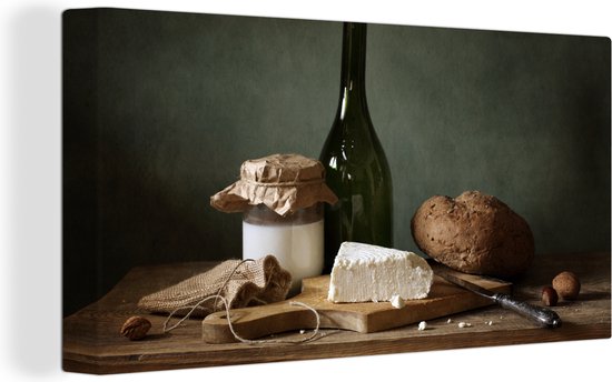 Canvas Schilderij Rustiek - Brie - Stilleven - Fles - Brood - Wanddecoratie