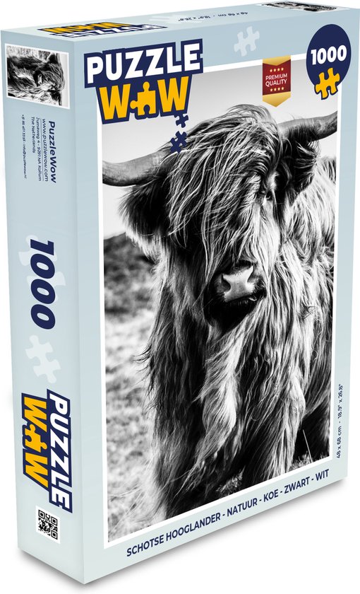 Boîte d'un puzzle de 1000 pièces avec une photo en noir et blanc d'un Highland cattle à long poil et cornes.