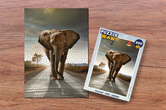 Puzzle Eléphant - Route - Animaux - Coucher de Soleil - Paysage - Puzzle - Puzzle 500 pièces