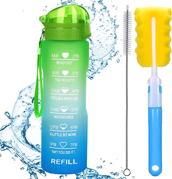 XACIOA 32 oz Lekvrije waterfles met tijdmarker en stro deksel om ervoor te zorgen dat u voldoende water drinkt gedurende de dag voor fitness en outdoor liefhebbers, BPA-vrij, met stro borstel (Ombre Green Blue)
