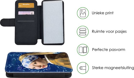 Telefoonhoesje Geschikt voor iPhone 13 Mini telefoonhoesje - Meisje met de parel - Delfts blauw - Vermeer - Bloemen - Schilderij - Oude meesters - Met vakjes - Wallet case met magneetsluiting