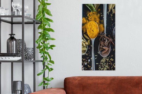 Canvas Schilderij Lepel - Specerijen - Kruiden - Eten - Tafel - 40x80 cm - Wanddecoratie
