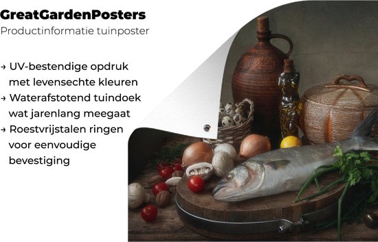 Décoration de Jardin Rustique - Poisson - Nature morte - Légumes - Herbes - 40x30 cm - Toile de jardin - Affiche extérieure