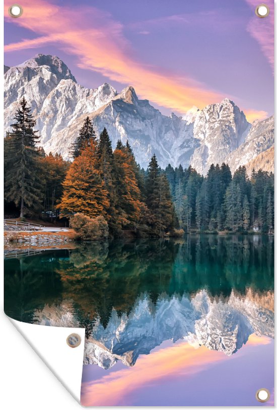 Affiche jardin - Toile jardin - Posters de jardin extérieur - Montagnes - Forêt - Water - Ciel - Rose - Violet - 80x120 cm - Jardin