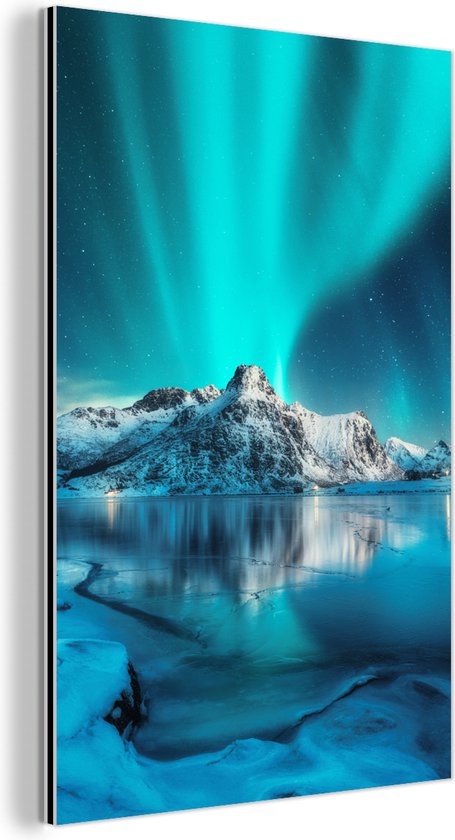Décoration murale Métal - Peinture Aluminium Industriel - Aurores boréales - Glace - Neige - Norvège - Blauw - Montagnes - 80x120 cm - Dibond - Photo sur aluminium - Décoration murale industrielle - Pour le salon/chambre