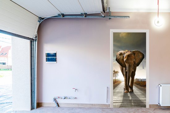 Sticker pour porte Éléphant - Route - Animaux - Coucher de soleil - Paysage - 85x205 cm - Affiche de porte