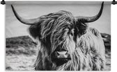 Wandkleed - Wanddoek - Schotse hooglander - Natuur - Koe - Zwart - Wit - 150x100 cm - Wandtapijt