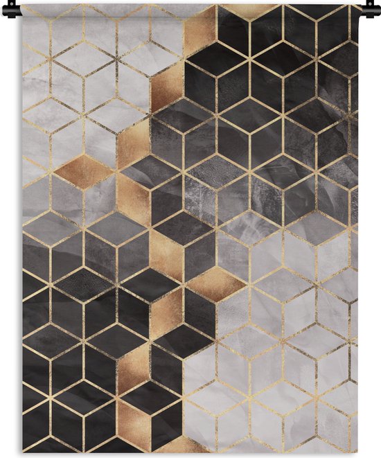 Wandkleed - Wanddoek - Abstract - Kubus - Goud - Patronen - Zwart - Wit - 120x160 cm - Wandtapijt