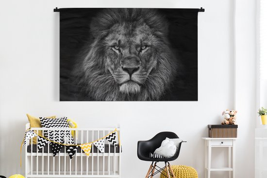 Tapisserie - Lion - Animaux - Portrait - Zwart et blanc - Tapisserie - Katoen - Décoration salon - Tapisserie - Tapisseries pour intérieur - 180x120 cm - Tapisserie - Décoration murale murale - Décoration murale murale - Tapisseries - Tapisserie