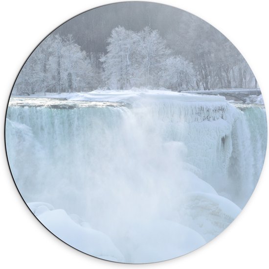 WallClassics - Dibond Muurcirkel - Witte Winter Waterval - 70x70 cm Foto op Aluminium Muurcirkel (met ophangsysteem)