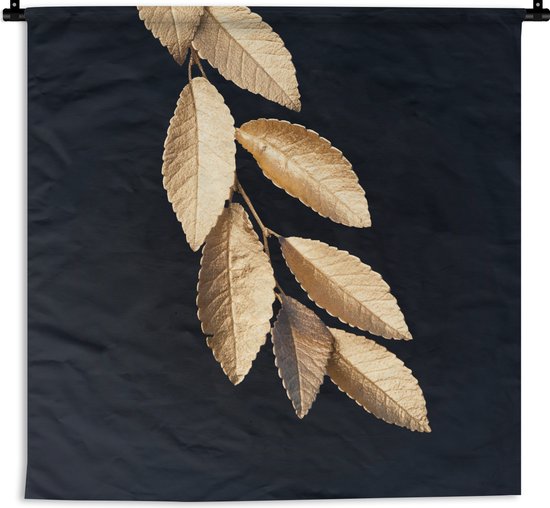 Wandkleed Golden leaves vierkant - Hangende gouden bladeren op een zwarte achtergrond Wandkleed katoen 150x150 cm - Wandtapijt met foto