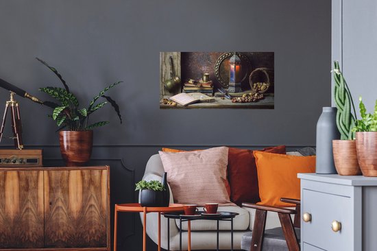 Stickers muraux Muraux - Feuille Autocollant - Boek - Nature Morte - Noyer - Lanterne - Vintage - 80x40 cm - Feuille Adhésive - Stickers muraux Chambre Enfant - Papier Peint Auto Adhésif