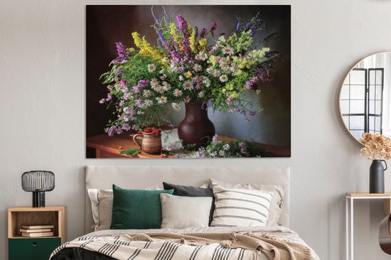 Toile Peinture Fleurs - Tableau - Nature Morte - Bouquet - Vase - 160x120 cm - Décoration murale XXL