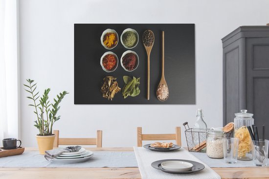 Peinture sur toile Louche - Épices - Herbes - Vert - Marron - Rustique - 140x90 cm - Décoration murale