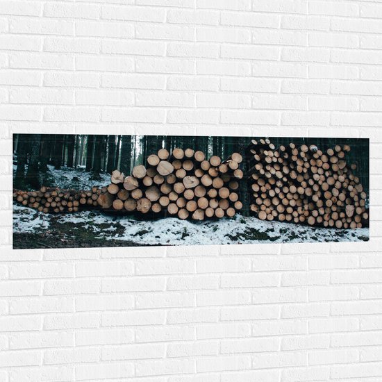WallClassics - Muursticker - Stapel Kachelhout - 150x50 cm Foto op Muursticker