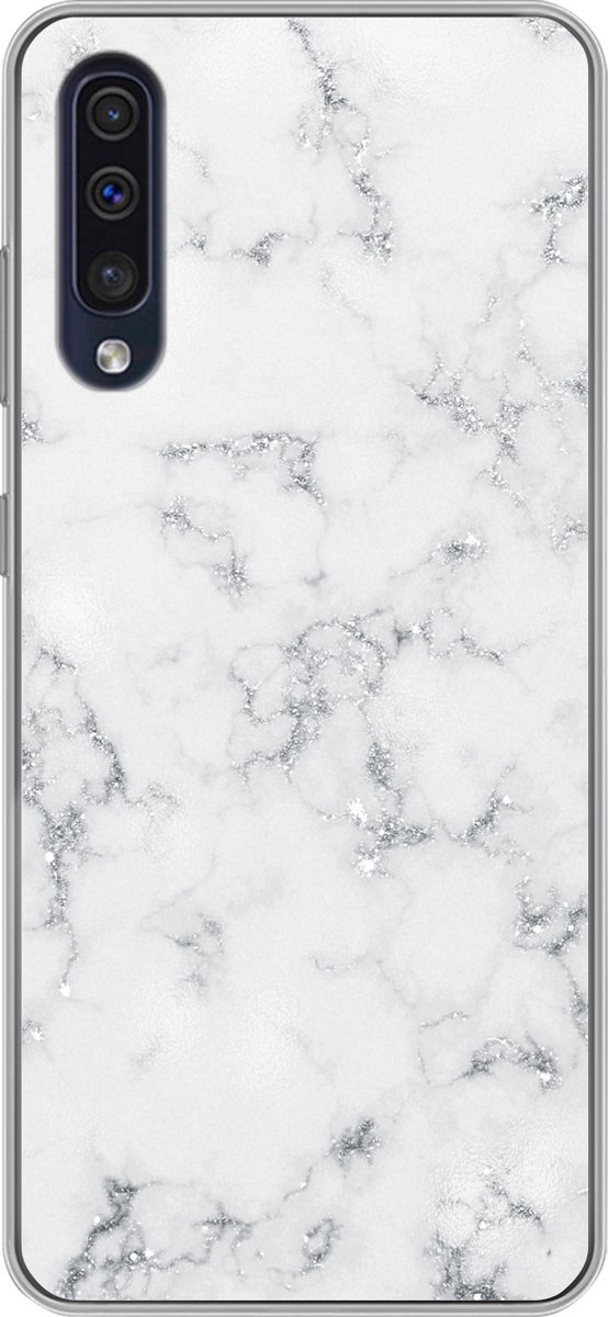 Telefoonhoesje Geschikt voor Samsung Galaxy A30s hoesje - Marmer print - Wit - Zilver - Glitter - Marmer printlook - Chique - Siliconen Telefoonhoesje Telefoonhoesje