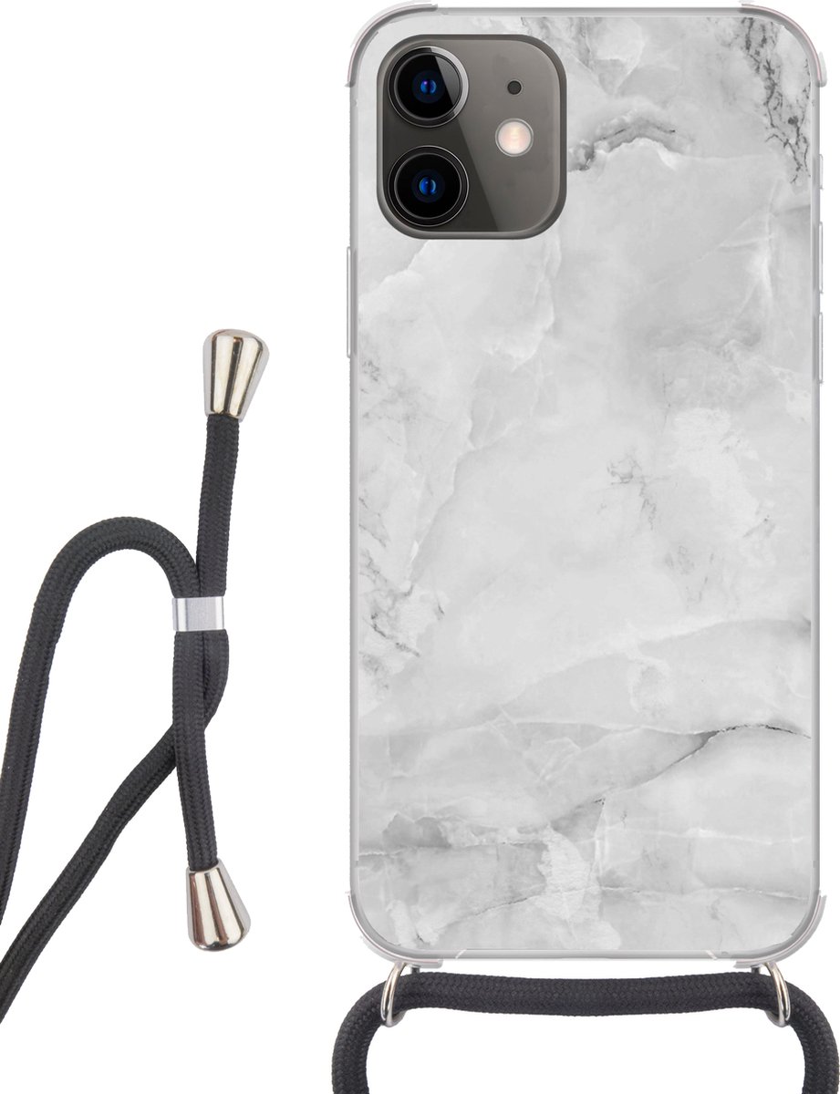 Telefoonhoesje Geschikt voor iPhone 11 - Marmer print - Steen - Wit - Grijs - Marmer printlook - Siliconen - Crossbody - Backcover met Koord - Telefoonhoesje met koord - Hoesje met touw Telefoonhoesje