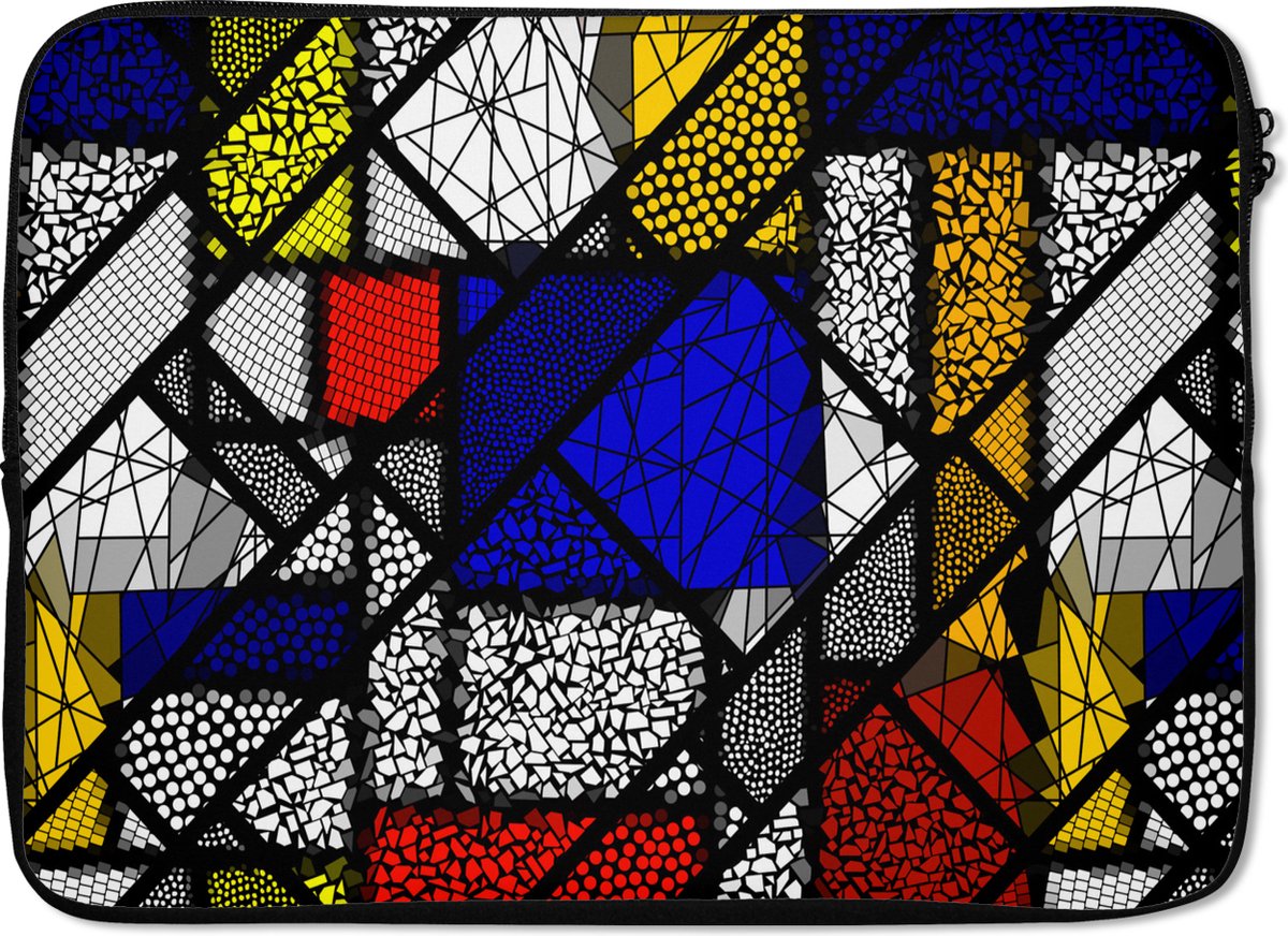 Laptophoes 14 inch - Mondriaan - Glas in lood - Oude Meesters - Kunstwerk - Abstract - Schilderij - Laptop sleeve - Binnenmaat 33x23 cm - Zwarte achterkant