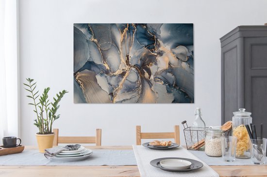 Toile Peinture Marbre - Grijs - Blauw - Luxe - Or - 120x80 cm - Décoration murale