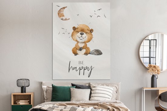 Canvas kids - Be happy - Jongen - Bever - Waterverf - Maan - Foto op canvas - Wanddecoratie kinderkamers - 120x160 cm - Kinderkamer decoratie - Foto op Canvas
