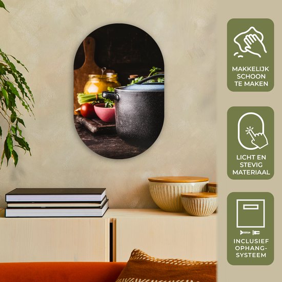 Ovale mural - Ovale mural - Décoration murale murale en plastique - Peinture ovale - Rustique - Nature morte - Pan - Légumes - 40x60 cm - Forme miroir ovale sur plastique