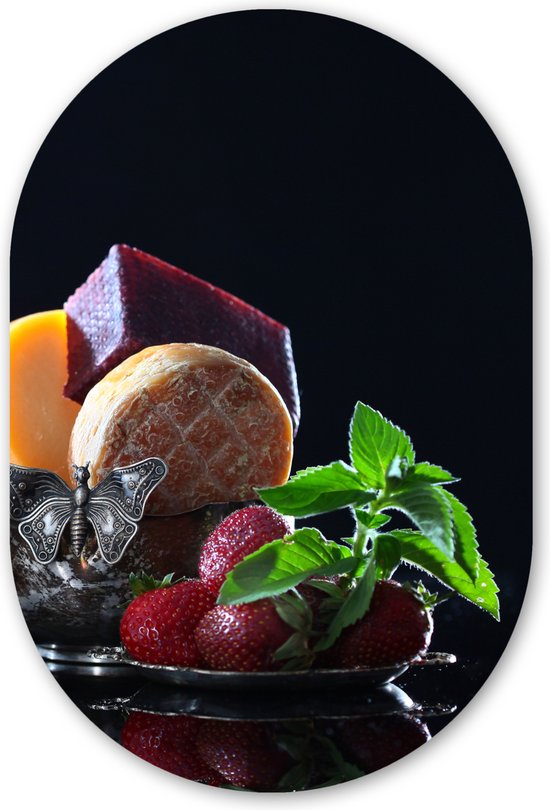 Ovale mural - Ovale mural - Décoration murale en plastique - Tableau ovale - Rustique - Fruits - Fromage - Table - Nature morte - 80x120 cm - Forme miroir ovale sur plastique