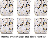 BonBini's luiers - wasbare luiers 6-pack Blue Yellow Rainbow 3-15 kg - luierbroekje - dubbele antilek preventie - drukknoopjes  en verstelbaar maat S, M, L maat 1 t/m 5NEW 6 pack