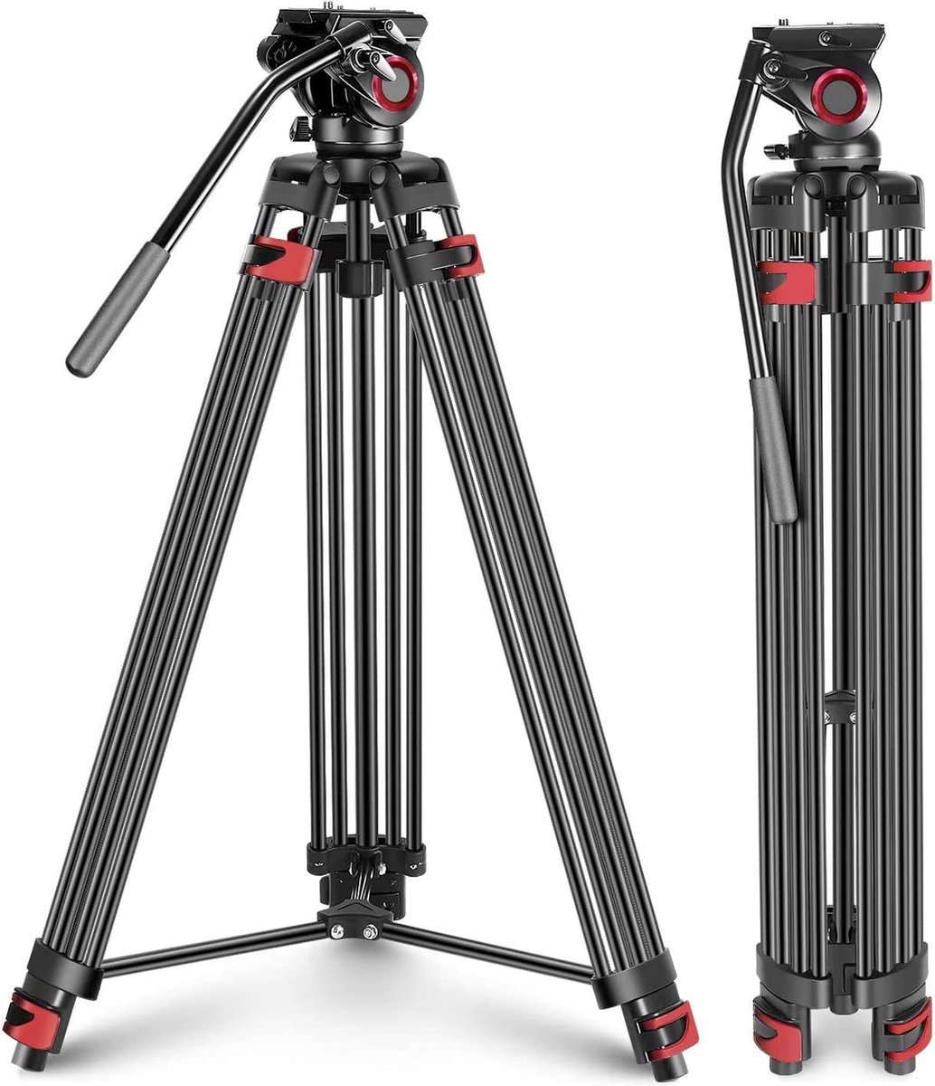 Neewer® - Statief Professionele Heavy Duty videocamerastandaard - 163 cm Aluminiumlegering met 360 Graden Vloeistofkop - 1/4 en 3/8 inch Snelkoppelingsplaat - Tas Draagvermogen tot 8 kg