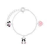 Joy|S - Zilveren panda bedel armband - 14 cm + 2 cm - 2 xpanda bedel - 1 x hartje bedel roze met witte stipjes - voor kinderen