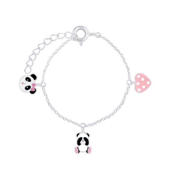 Joie|S - Bracelet breloque panda argent - 14 cm + 2 cm - 2 x breloque panda - 1 x breloque coeur rose à pois blancs - pour enfant