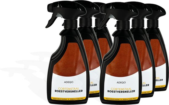 Groep van zes zwarte spuitflessen met bruin label waarop ADEQO CORTENSTAAL ROESTVERSNELLER staat.