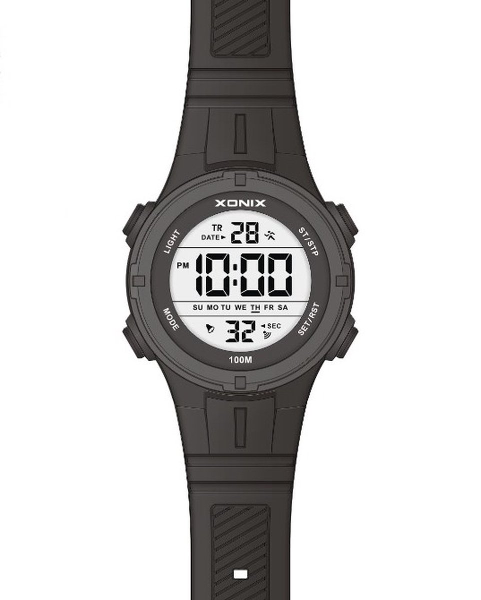 Xonix DAX-006 - Horloge - Digitaal - Heren - Mannen - Rond - Siliconen band - ABS - Cijfers - Achtergrondverlichting - Alarm - Start-Stop - Chronograaf - Tweede tijdzone - Waterdicht - 10ATM - Zwart - Grijs