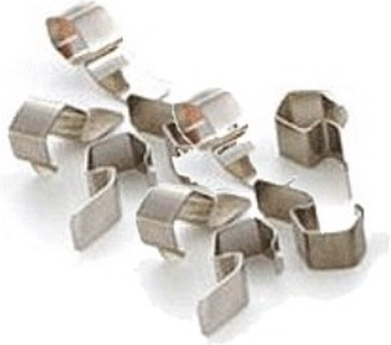 Groupe de six clips Weck en acier inoxydable sur fond blanc.