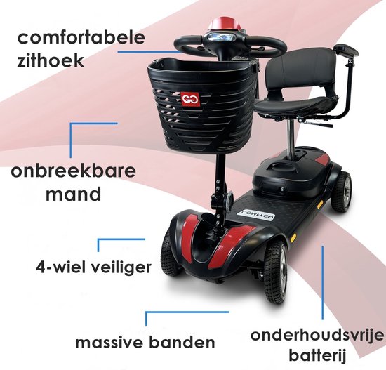 Zwarte scootmobiel met rode accenten, mand aan de voorkant, massieve banden en 'onderhoudsvrije batterij'.