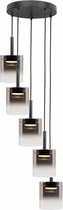 Moderne hanglamp Salerno rond | 5 lichts | transparant / zwart | glas / metaal | in hoogte verstelbaar tot 160 cm | Ø 38 cm | eetkamer / woonkamer lamp | modern / sfeervol design