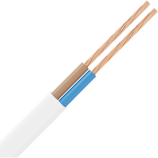 Wit 2-aderig kabel 0.75mm met koperen geleiders, een bruine en een blauwe ader.