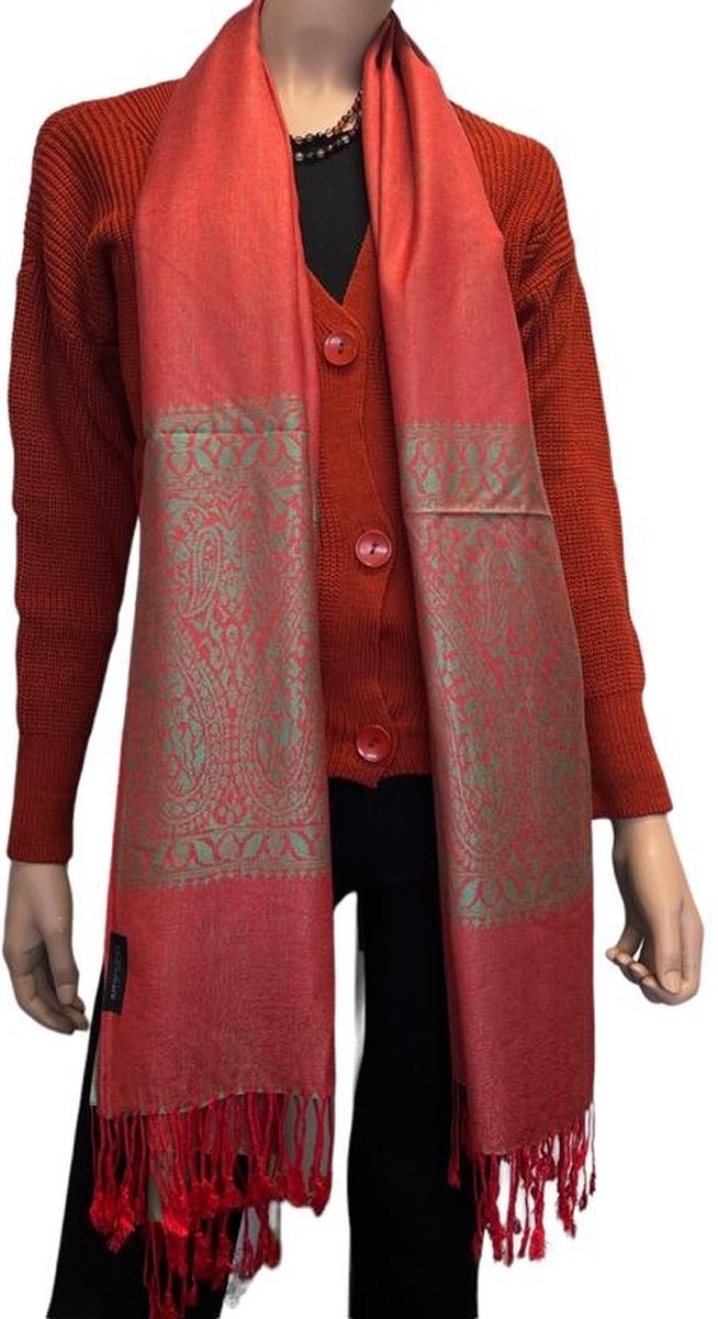 Sjaal- Pashmina Sjaal- Fijn geweven trendy Sjaal- Tweezijdige omslagdoek 217/5- Rood met groen details