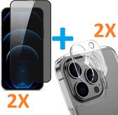 2X Privacy Scherm Tempered Glass Screen Protector Anti-Spy + 2X Camera lens Beschermer Transparant Geschikt voor: Apple iPhone 12 Pro