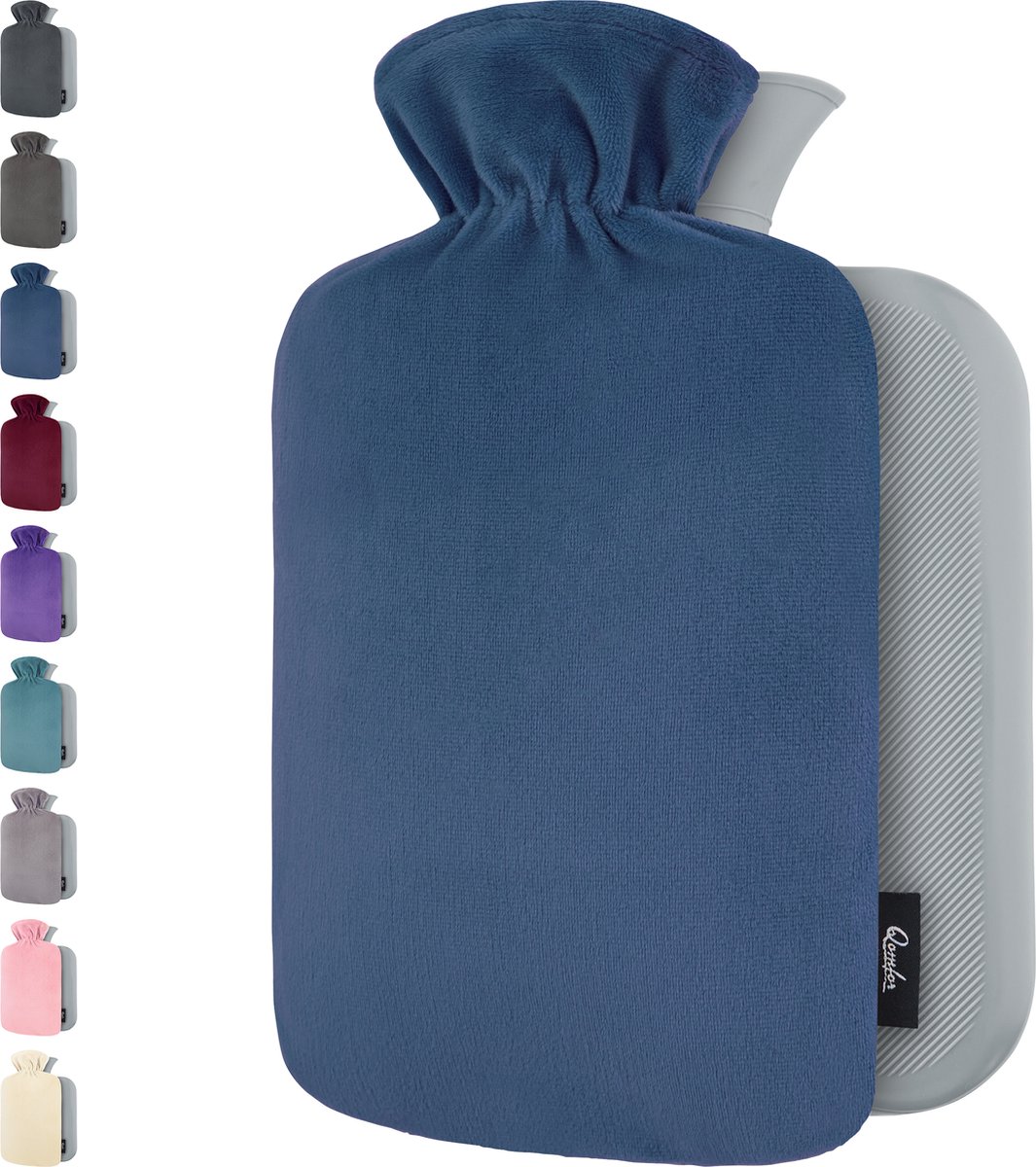 Qomfor Kruik met Zachte Fleece Hoes - 1,8 liter - Warmwaterkruik voor Pijnverlichting en Ontspanning - Donkerblauw