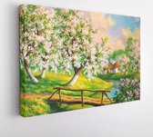 Paysage de printemps avec jardins fleuris. Peinture numérique sur toile. - Toile d'art moderne - 423108121 - 115* 75 Horizontal