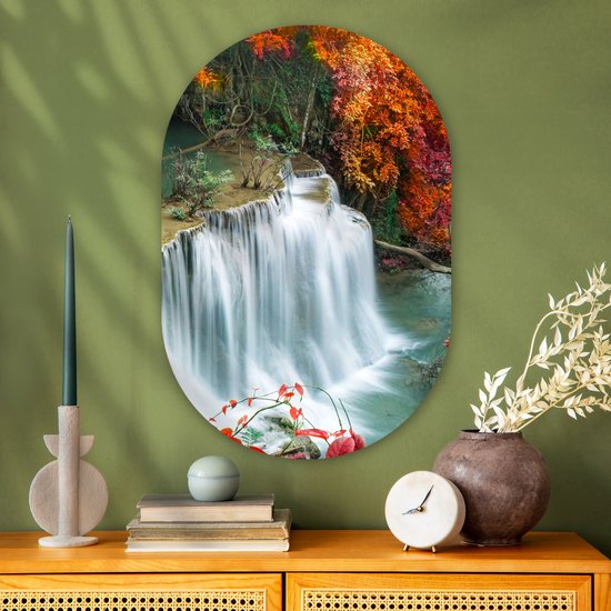 Miroir ovale - Décoration murale en plastique - Tableau ovale - Arbres - Cascade - Automne - Nature - 60x90 cm - Forme miroir ovale sur plastique