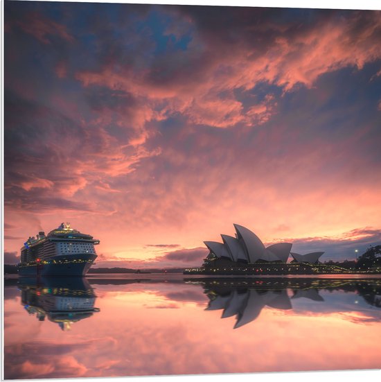 WallClassics - PVC Schuimplaat- Sydney Opera House met Zonsondergang - 80x80 cm Foto op PVC Schuimplaat